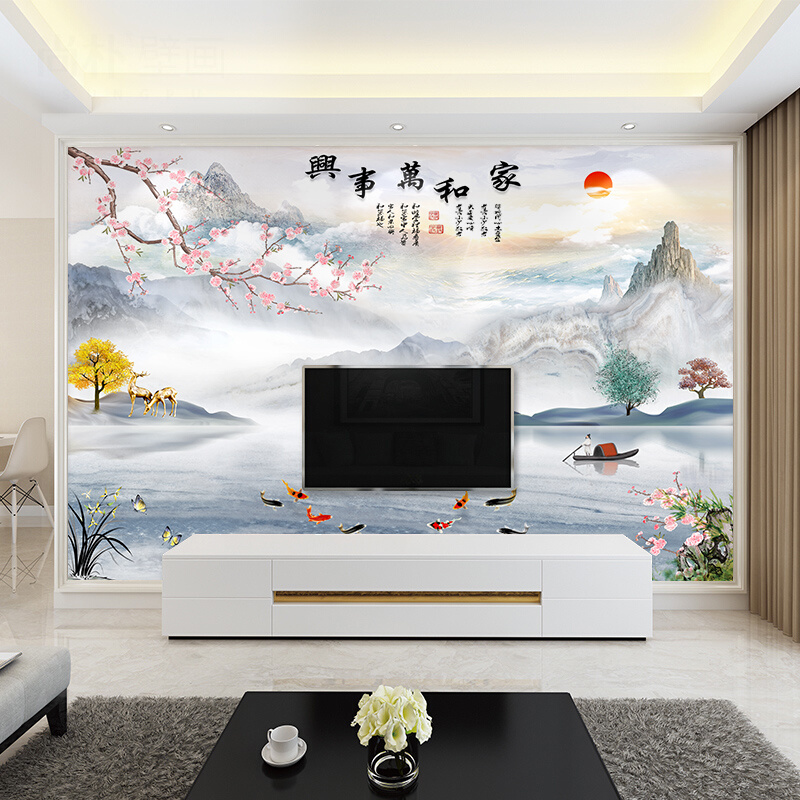 电视背景墙壁纸贴画客厅中式山水装饰自粘2023新款影视墙布8D立体