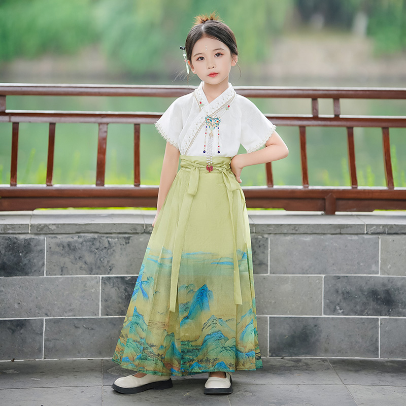 千里江山图中国风古装连衣裙套装夏季薄款短袖女童改良汉服马面裙