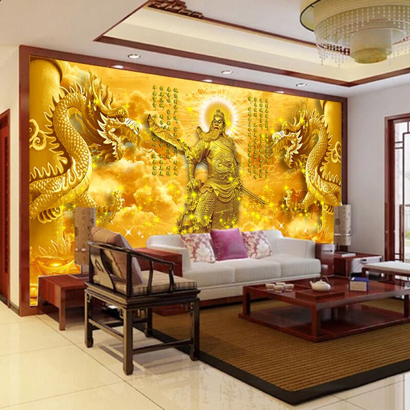 8d新中式武财神双龙金色墙纸招财进宝办公会议室壁画佛堂背景壁纸