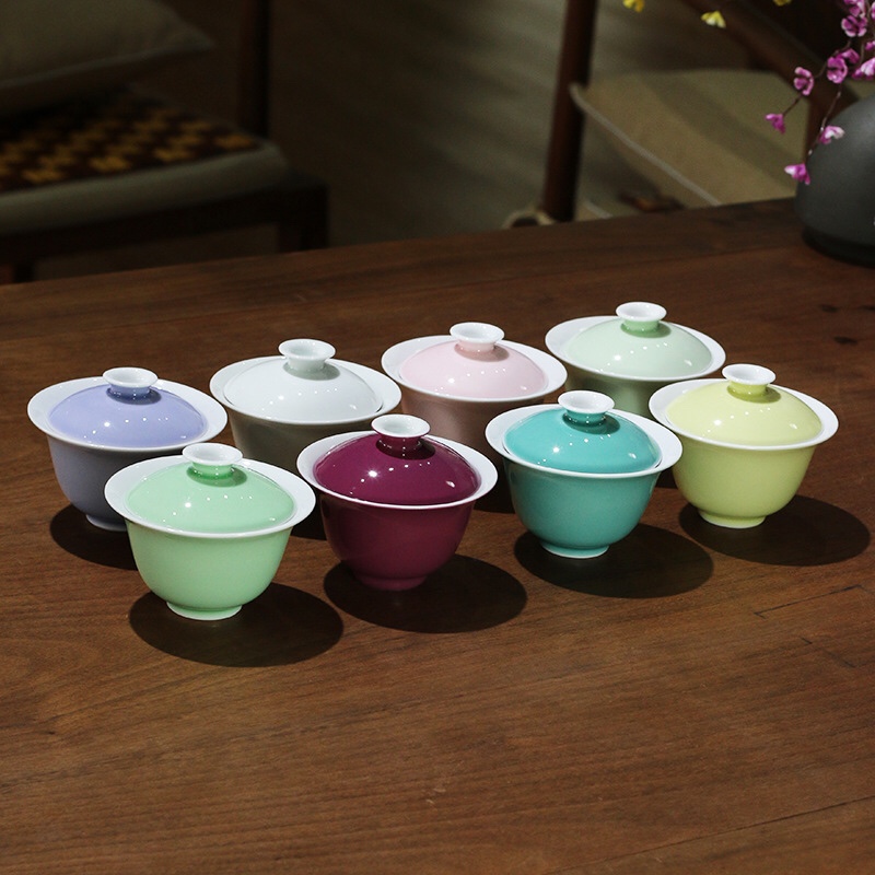 景德镇陶瓷粉色柠檬黄绿色盖碗女士泡茶杯高温颜色釉二才杯