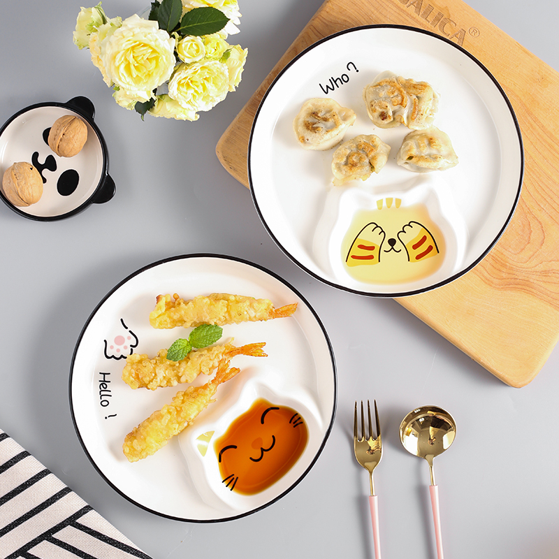 饺子盘子带醋碟陶瓷家用创意卡通可爱网红早餐寿司薯条分餐盘虾盘