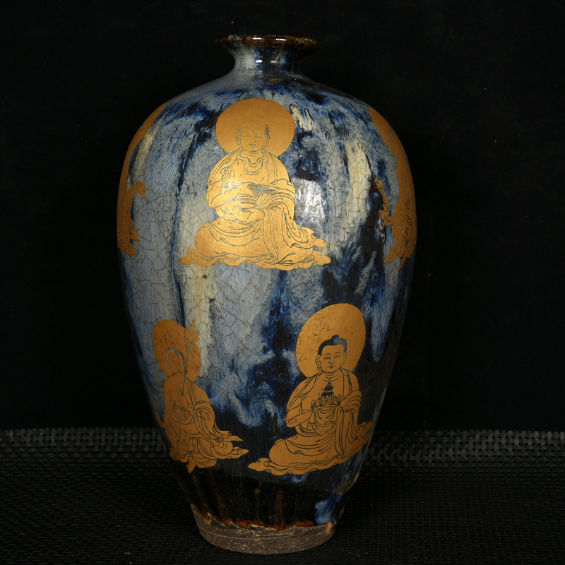 宋建窑供御款描金彩罗汉纹梅瓶古董古玩瓷器收藏