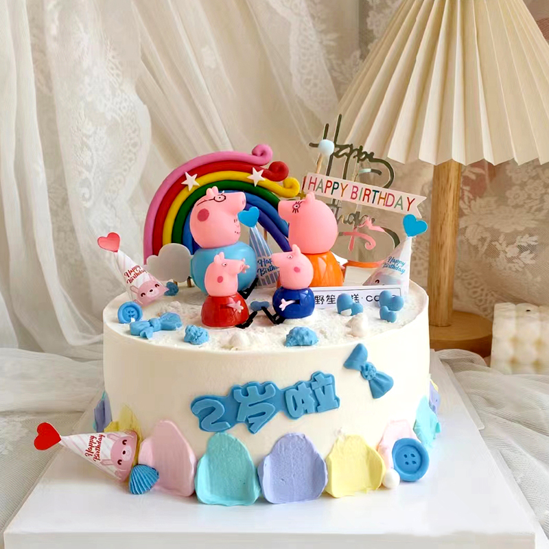 新款一家四口小猪生日蛋糕装饰摆件女孩儿童男宝周岁烘焙小熊插牌
