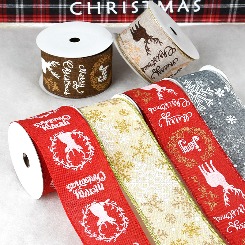 圣诞节装饰麋鹿印花手工编织蝴蝶结印图案缎带礼物盒包装织带多色
