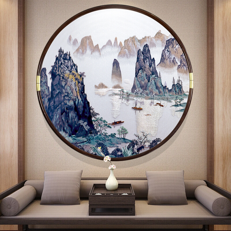桂林苏绣风景客厅圆形装饰画新中式入户玄关过道沙发墙壁挂画
