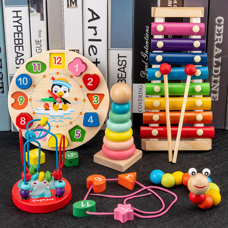 木制益智儿童玩具敲琴时钟绕珠七巧板磁性钓鱼拼图积木小礼物