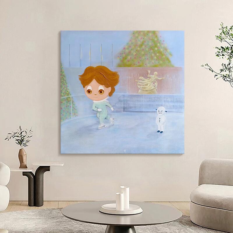 小众艺术纯手绘油画滑冰的男孩客厅卧室装饰画卡通儿童房方形挂画