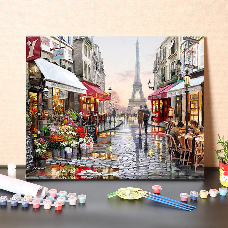 数字油画diy手工填充欧洲城市法国巴黎花市街头手绘涂色油彩画画