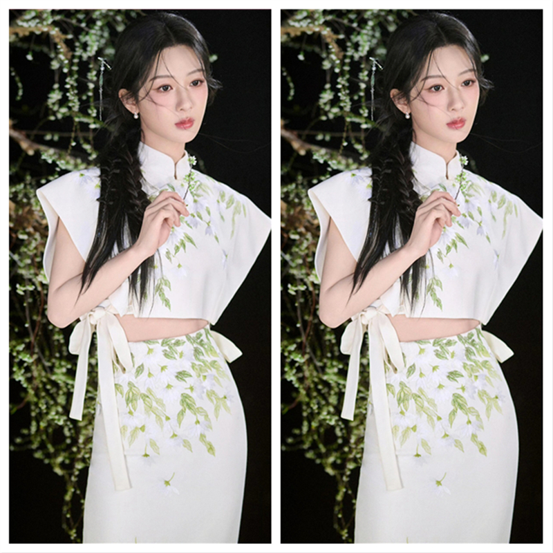 杨紫直播同款白色新中式国风无袖上衣系带马甲印花半身裙长裙套装