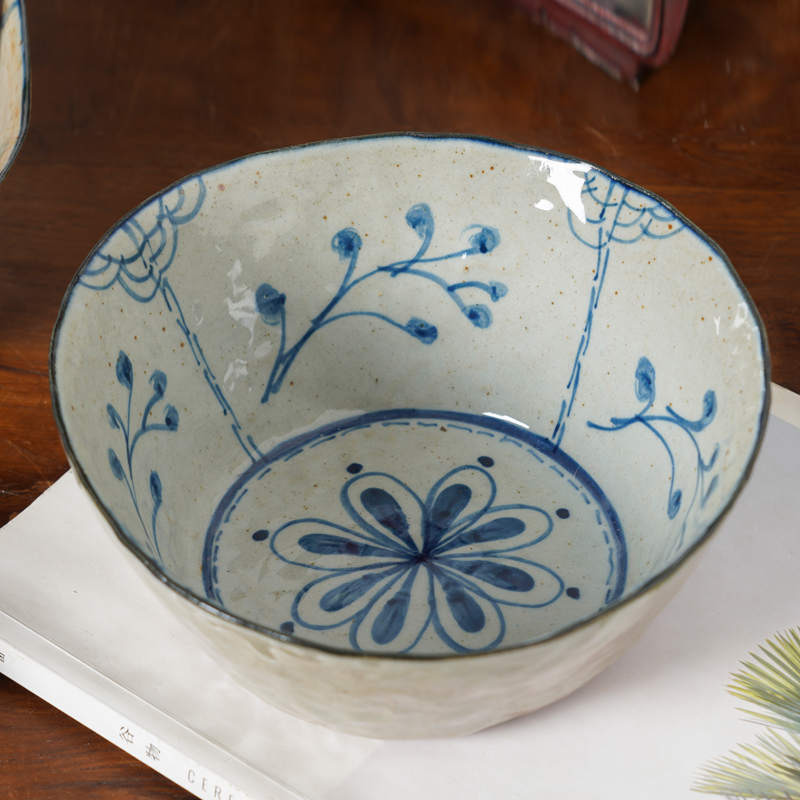 燚坊创意手捏手绘青花复古饭碗沙拉碗陶瓷碗大号汤碗日式拉面碗