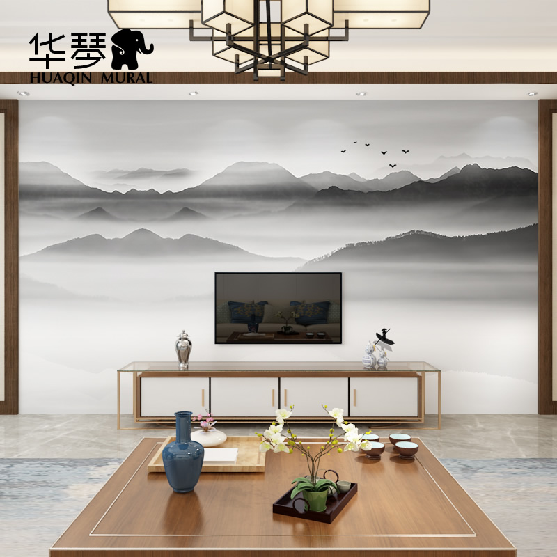 新中式意境抽象黑白山水电视背景墙壁画客厅卧室沙发书房墙纸壁纸