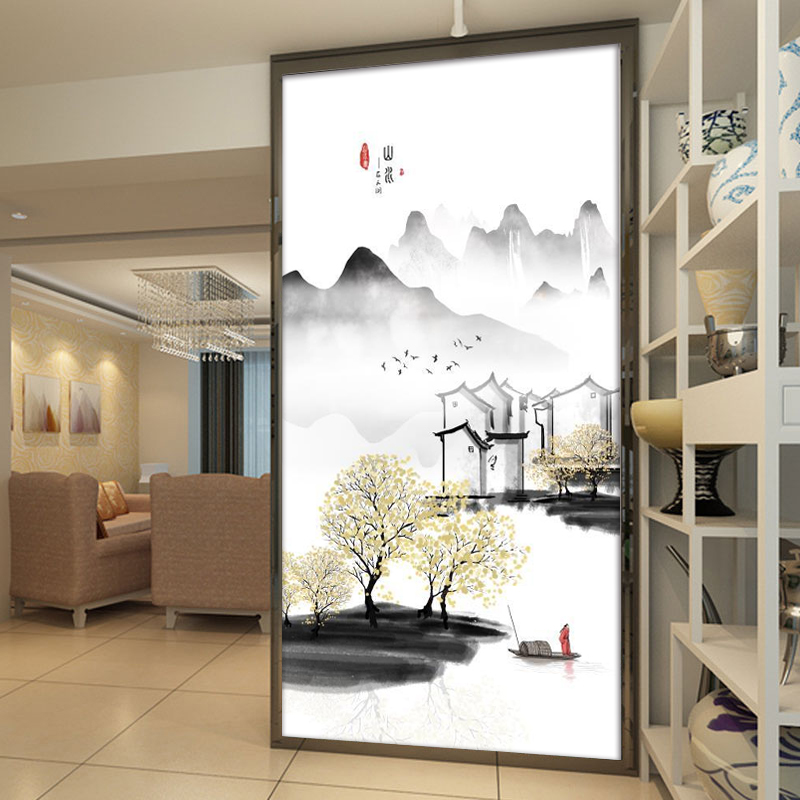 新中式玄关背景墙壁纸装饰画现代简约竖版走廊过道客厅水墨山水画