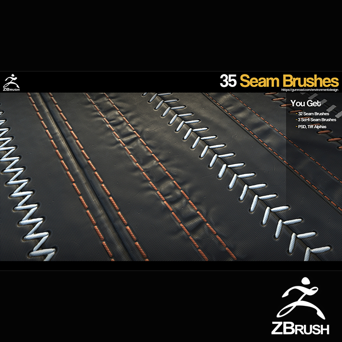 Zbrush 35组缝线针脚zbp笔刷Alpha贴图