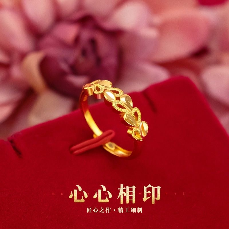 越南沙金心心相印戒指男女款999不掉色黄金色活口结婚指环首饰品