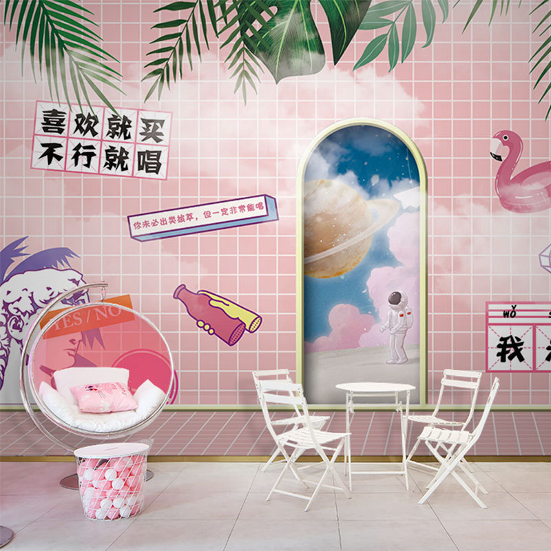 3d粉色奶茶店餐厅墙纸网红打卡拍照背景墙壁纸创意文字失恋博物馆