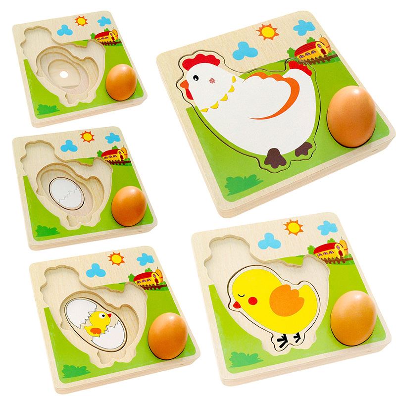 儿童木质鸡成长拼板宝宝益智母鸡下蛋过程多层立体拼图科教类玩具