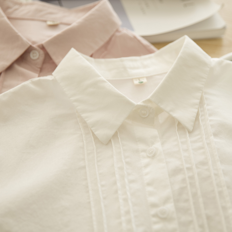 折叠时间 春季新白色风琴褶纯棉长袖衬衫女韩版宽松文艺打底衬衣
