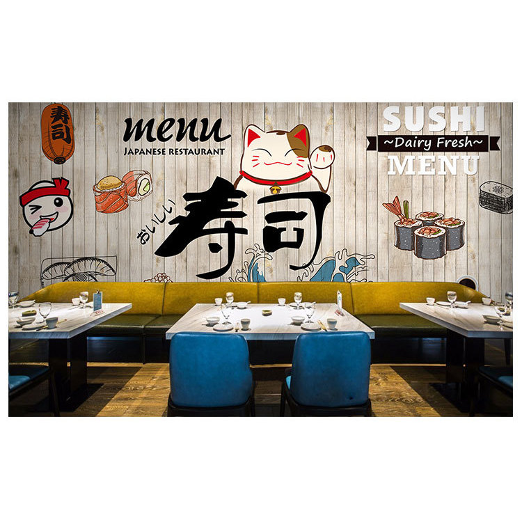 3D日本料理餐厅寿司店背景墙壁纸卡通日式招财猫墙纸复古木纹壁画