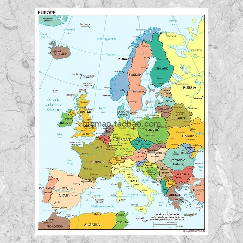 欧洲行政区划地图英文简约版 超大巨幅地理海报装饰壁挂画芯心S