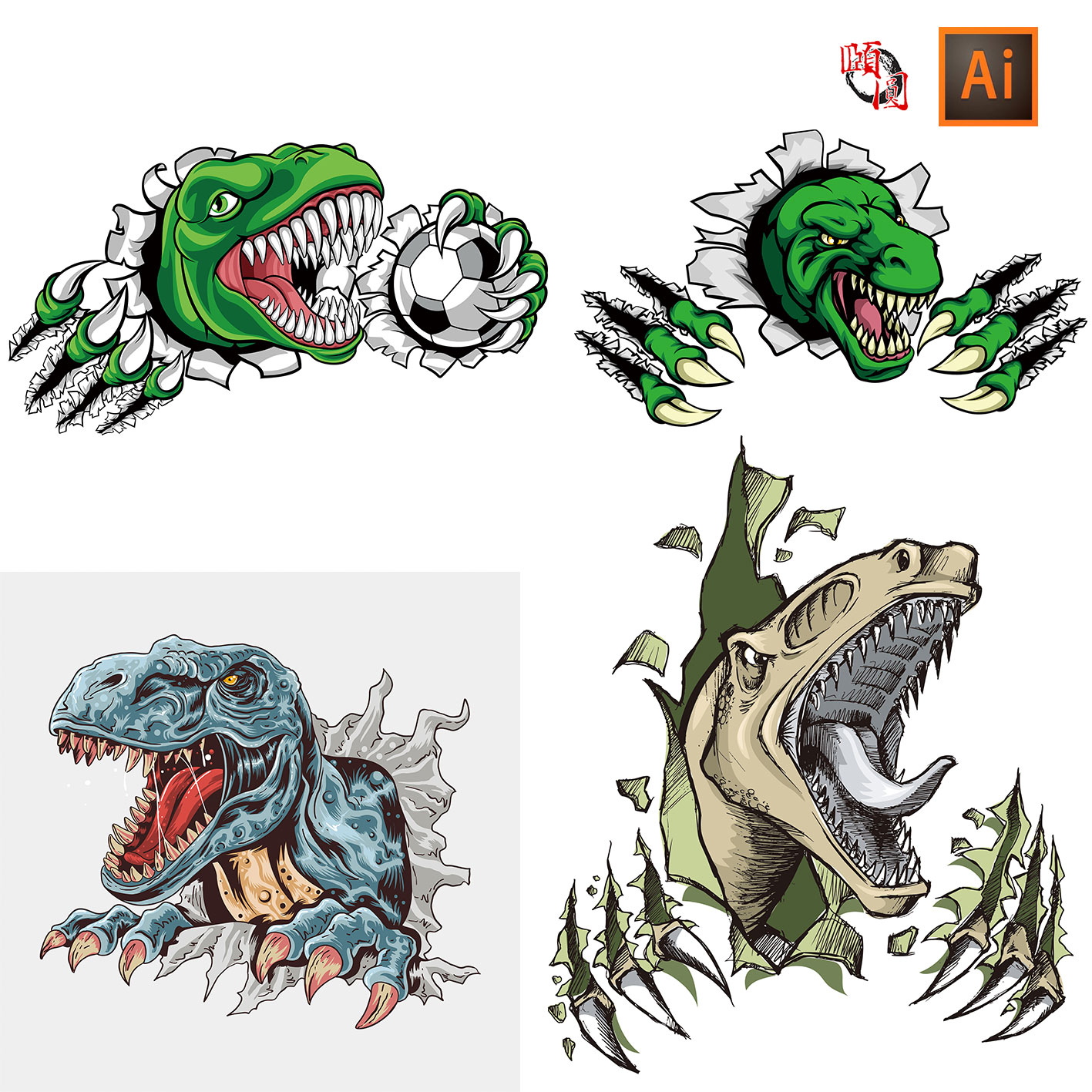 恐龙老虎熊爪子3D立体破洞插画AI矢量设计素材