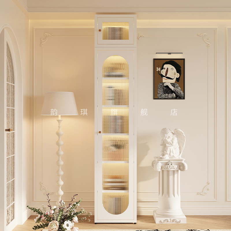 2.4米高法式奶油风单门夹缝书柜顶柜组合窄书架客厅小型收纳柜子