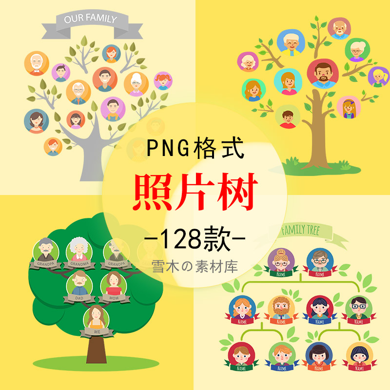 家庭成员树照片边框照片墙模板海报PPT装饰PNG透明背景设计素材