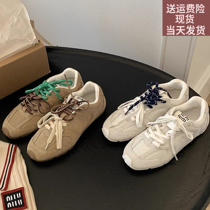 牛皮miu联名阿甘鞋女2024年新款复古风德训鞋绿色鞋带休闲运动鞋