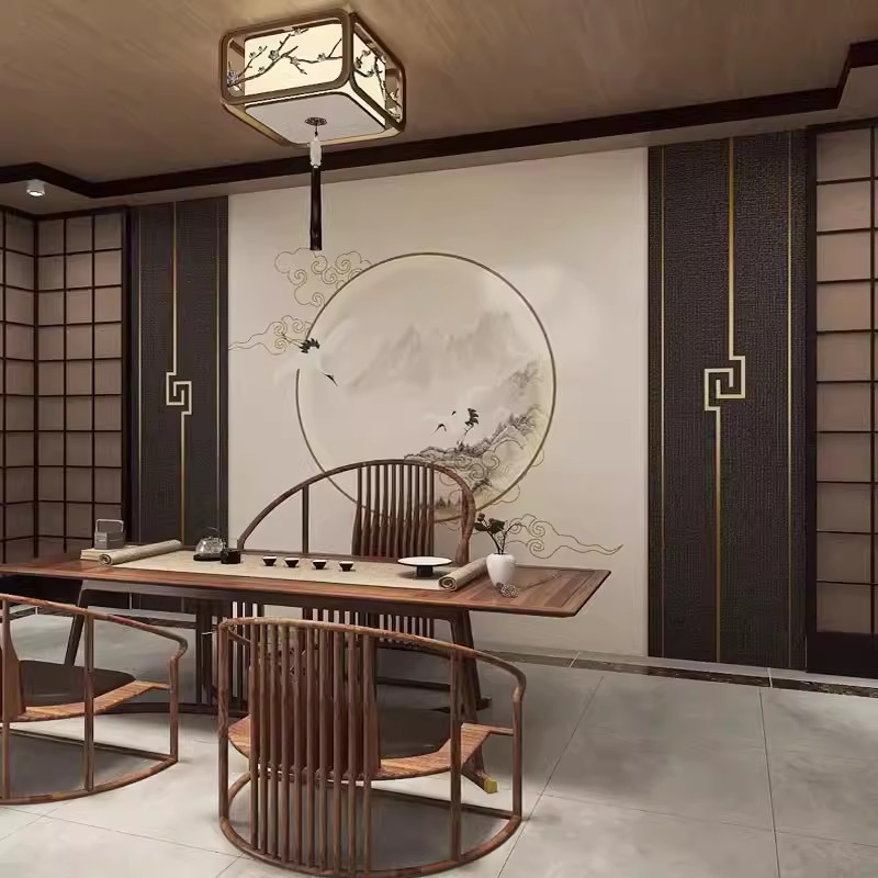 现代新中式仙鹤餐厅茶室墙纸客厅山水电视背景墙壁纸卧室床头墙布