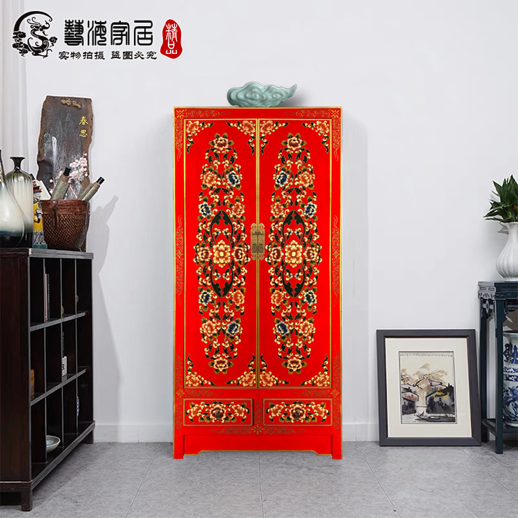 新中式古典实木衣柜书柜榆木彩绘衣柜仿古做旧立柜古典衣橱子柜子