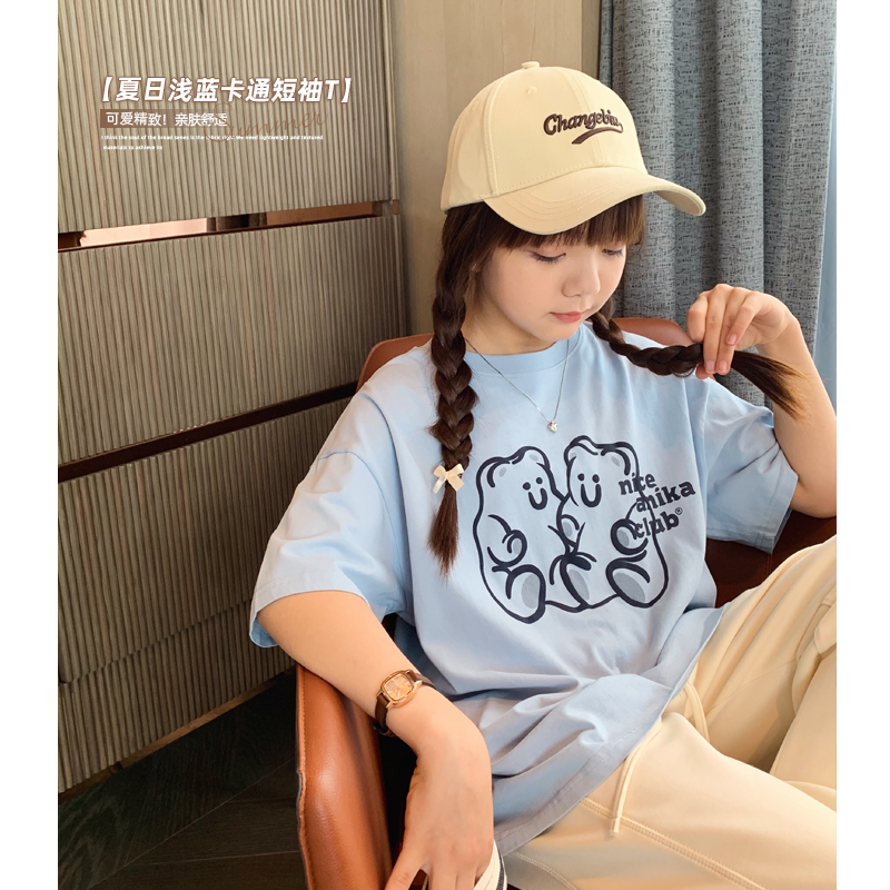 女大童奶蓝色卡通短袖2024夏装新款青少年时尚休闲上衣韩版棉T恤