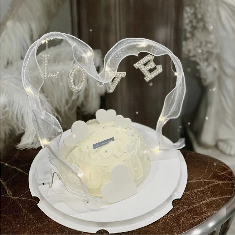 520情人节蛋糕装饰珍珠love情侣结婚表白纪念日白色飘带插牌插件