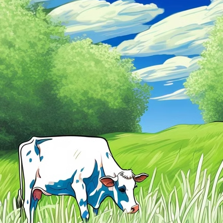 湛蓝的天空下一头奶牛悠然地在吃着巨菌草Python海龟画图形源代码