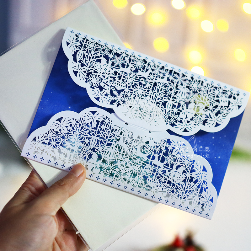 日本创意镂空圣诞节祝福贺卡唯美平安雪夜送朋友礼物手写留言卡片