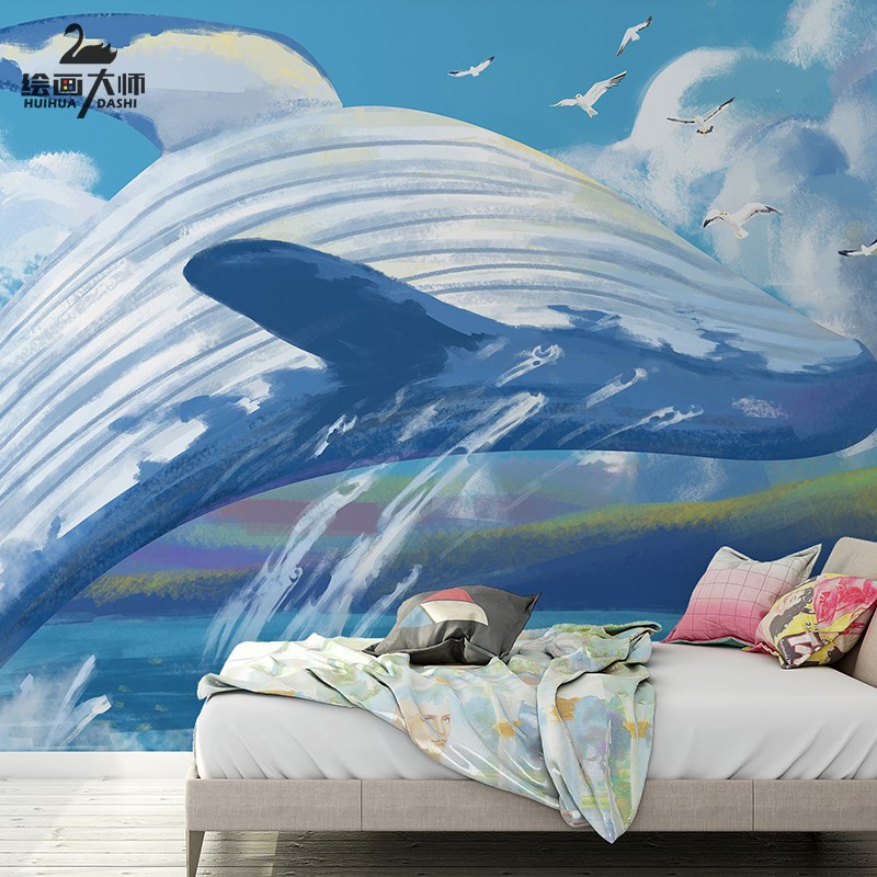 新款手绘卡通鲸鱼儿童房背景墙壁纸卧室床头无纺布墙纸环保壁画