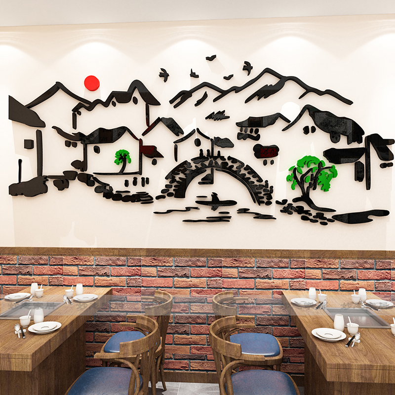 江南水乡特色饭店装饰墙贴3d立体中餐厅包间背景古典建筑创意贴纸