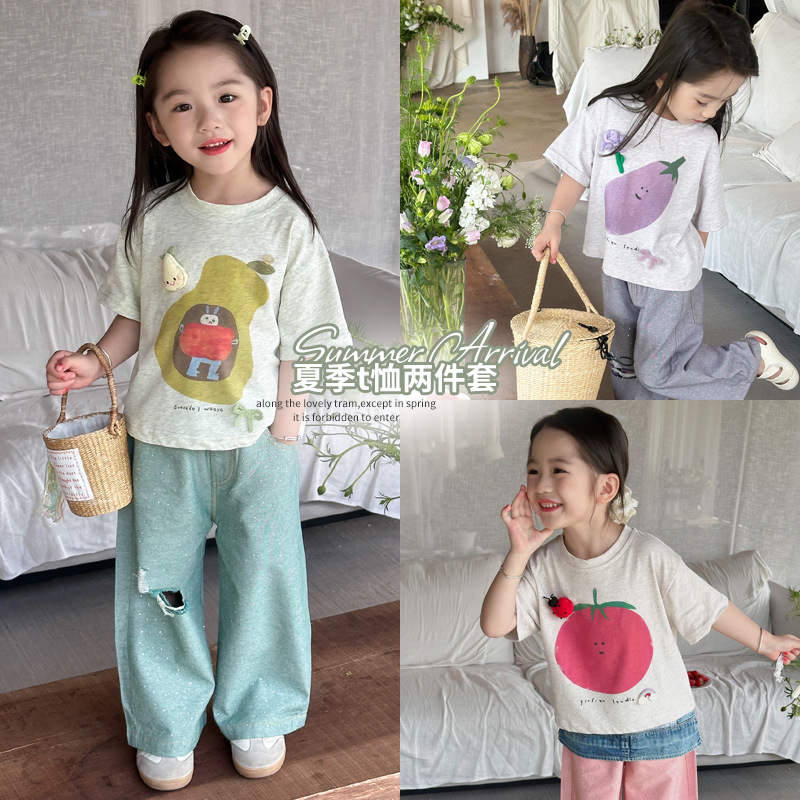 女童短袖水果t恤韩版彩色牛仔裤新款儿童夏季时尚潮流套装