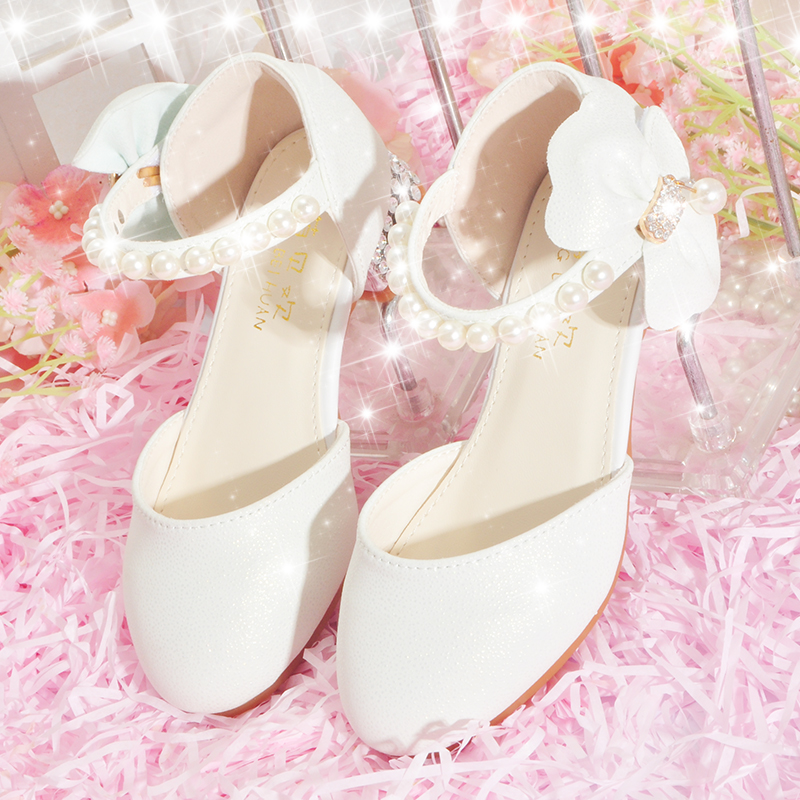 女童白色水晶鞋小主持人晚礼服花童公主裙舞台钢琴演出比赛高跟鞋