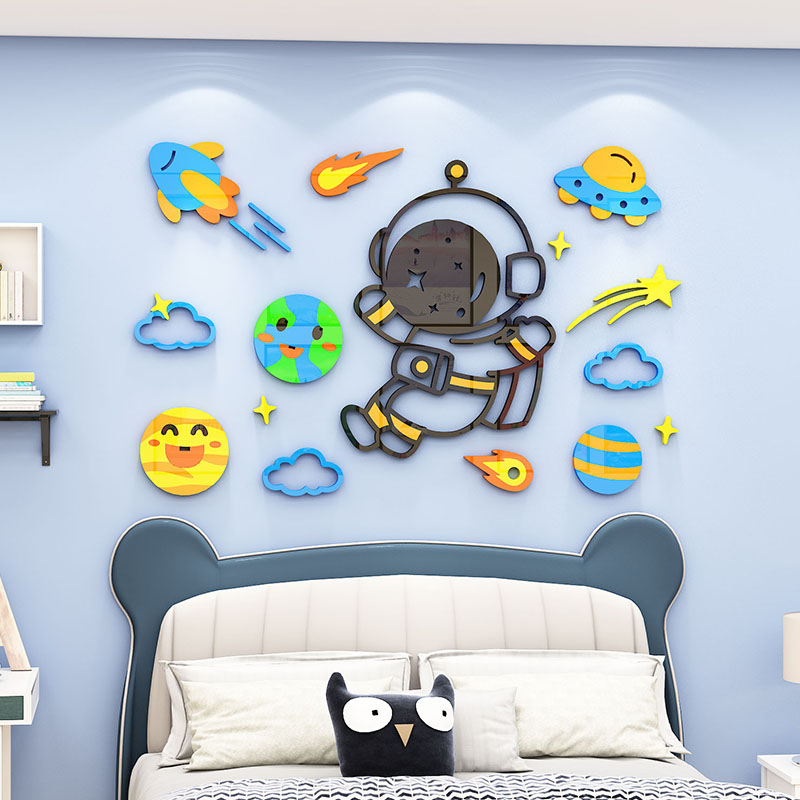 儿童房间布置卡通太空人墙面装饰画男孩卧室床头背景墙贴纸3d立体