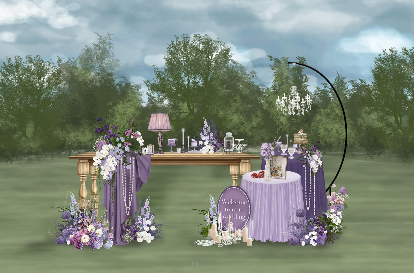 紫色小众户外婚礼游园会效果图婚庆宴会甜品区花艺道具psd素材