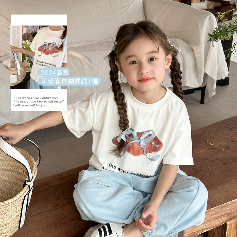 艾摩贝贝儿童数码印花可爱牛角包图案T恤夏季女童韩版蝴蝶结短袖