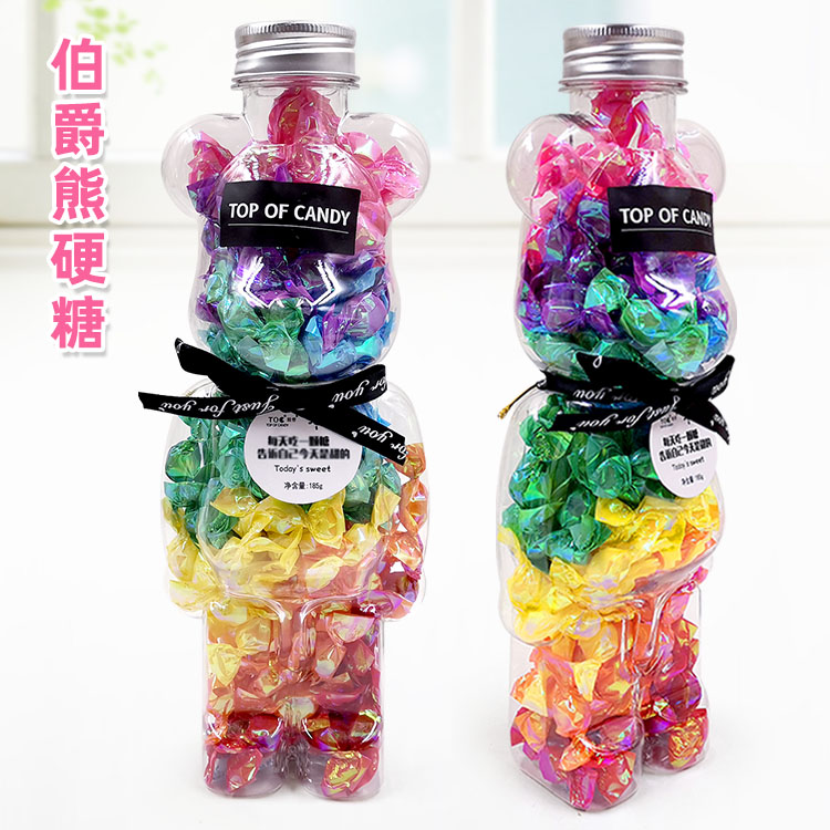 创意造型瓶装糖果185克伯爵熊水晶糖可爱熊罐儿童彩色珍珠糖零食