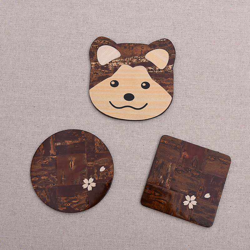 日本进口桦细工 木质杯垫 圆形方形小狗图案传统手工艺品山樱树皮