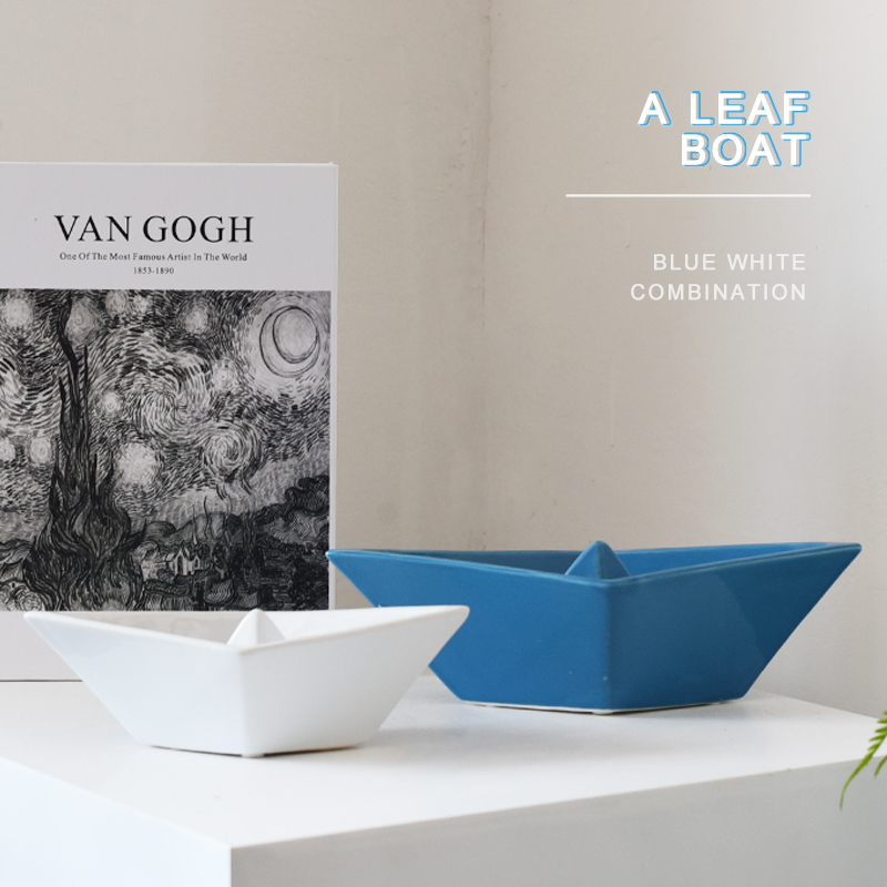 蓝色白色创意陶瓷几何小舟小船折纸模型造型摆件艺术海洋软装饰品