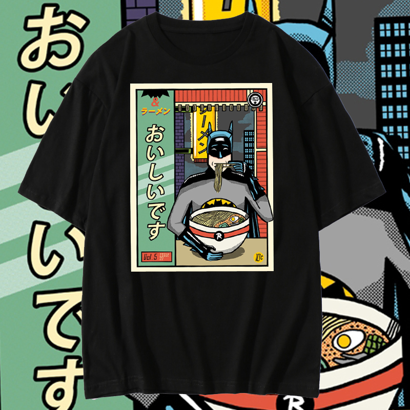 极誉恶搞蝙蝠侠Batman吃拉面T恤男潮日系纯棉短袖衣服夏季
