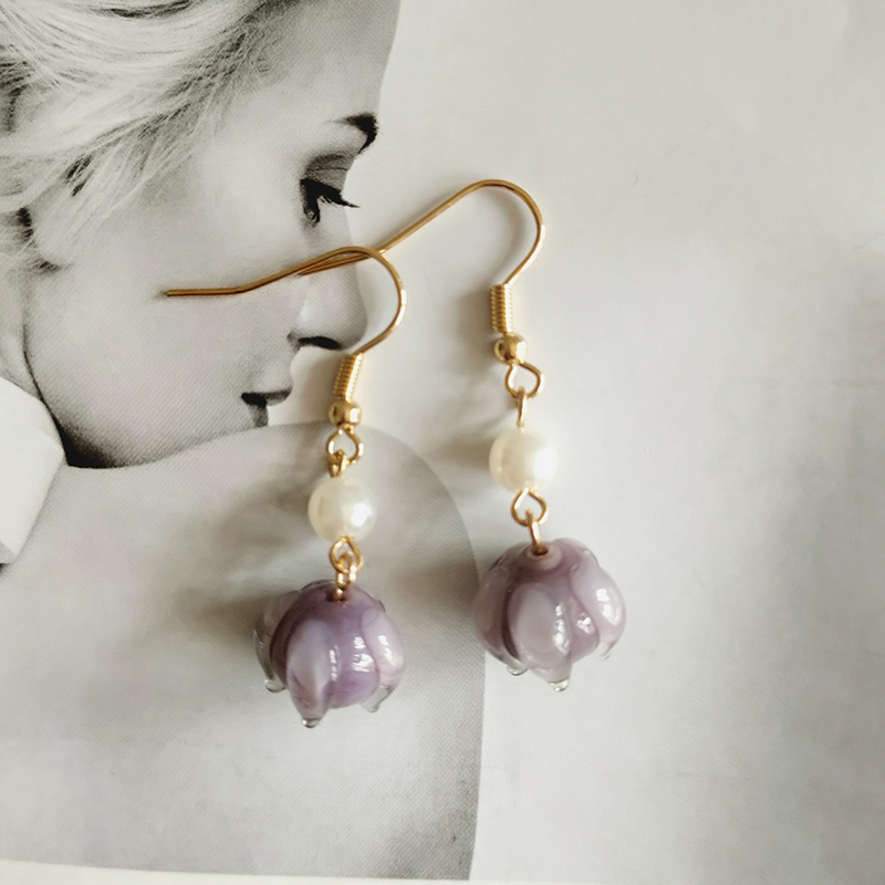 法式复古温柔耳饰小众气质紫色珍珠琉璃花朵植物耳环/耳夹766