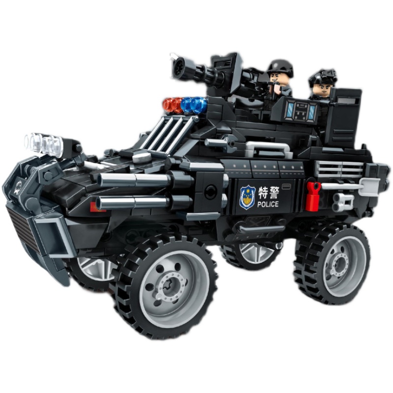 中国积木特警大脚怪越野车战车军事车辆坦克悍马积木拼装儿童玩具