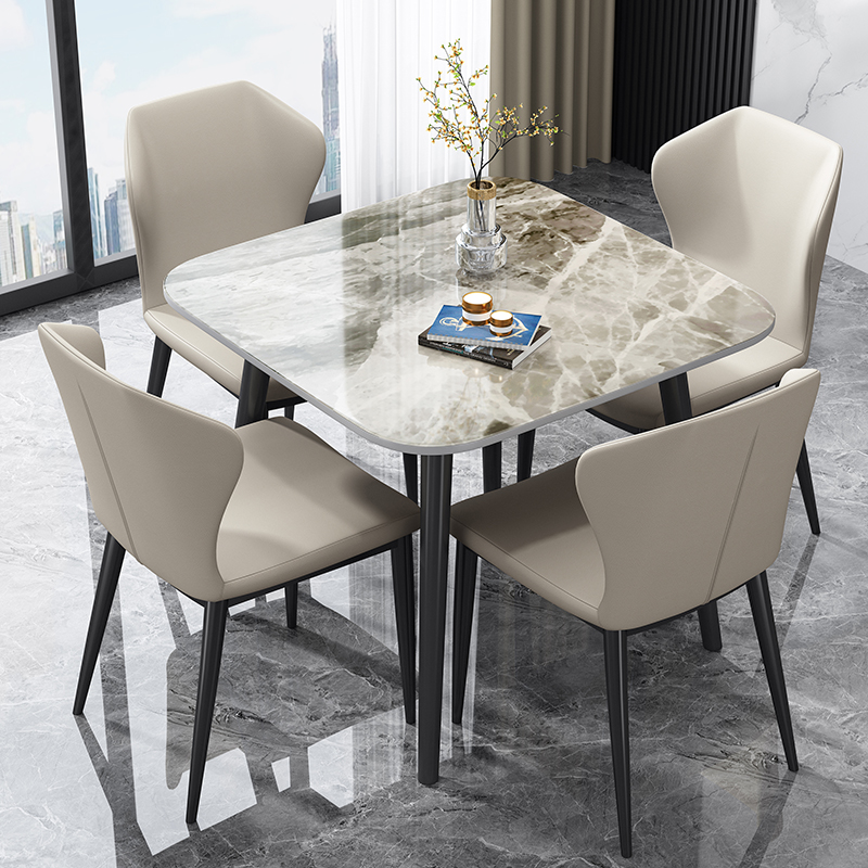 现代简约正方形岩板圆餐桌家用小户型大理石接待洽谈阳台桌椅组合