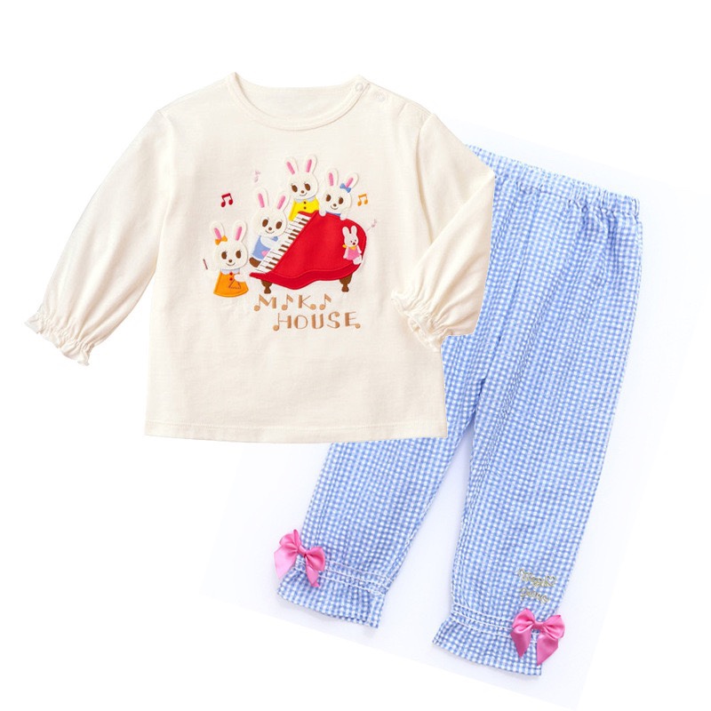 mijello 童装 miki春季新款女童卡通小兔钢琴刺绣长袖t恤打底衫