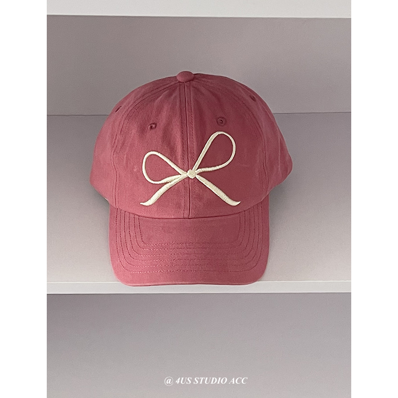 韩国小众设计师款蝴蝶结刺绣图案粉色鸭舌帽女甜美可爱软顶棒球帽