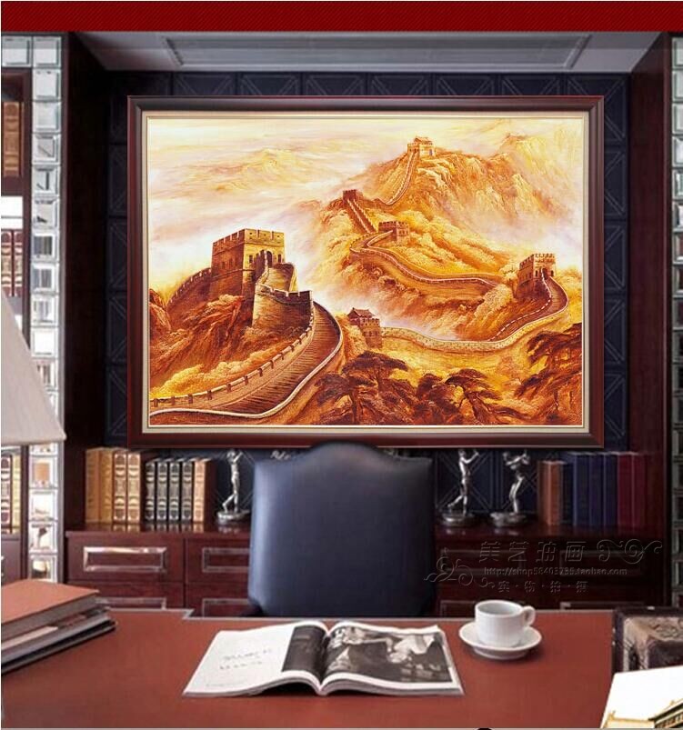 龙抬金色长城油画办公室客厅书房书柜手绘风景画新中式会议室定制